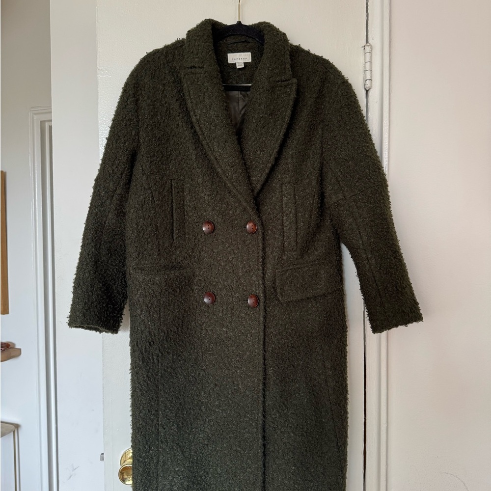 Topshop Double-Breasted Olive Green Coat Size: 4-6